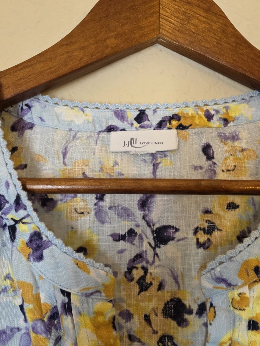 J. Jill Love Linen Tunic Top Light Blue Yellow Floral Button Down Peasant Blouse - Picture 4 of 7